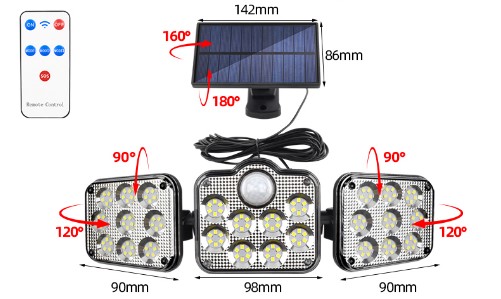 Solar Lights for Outdoor Use with Motion Sensor, 138 LED Spotlight Outdoor with Remote Control, IP65 Waterproof, 360° Lighting Angle, 3 Modes Solar Wa
