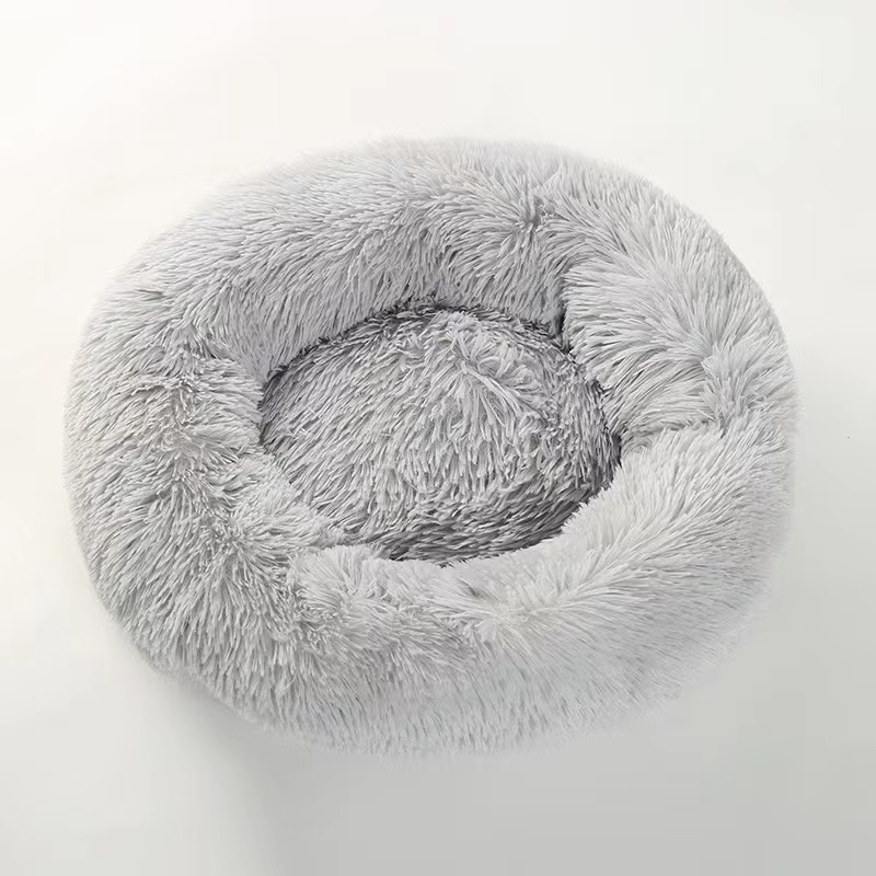Fluffy Round Calming Dog Bed Plush Faux Fur, Anxiety Donut Dog Bed for Small, Medium Dogs and Cats, Pet Cat Bed with Raised Rim, Machine Washable